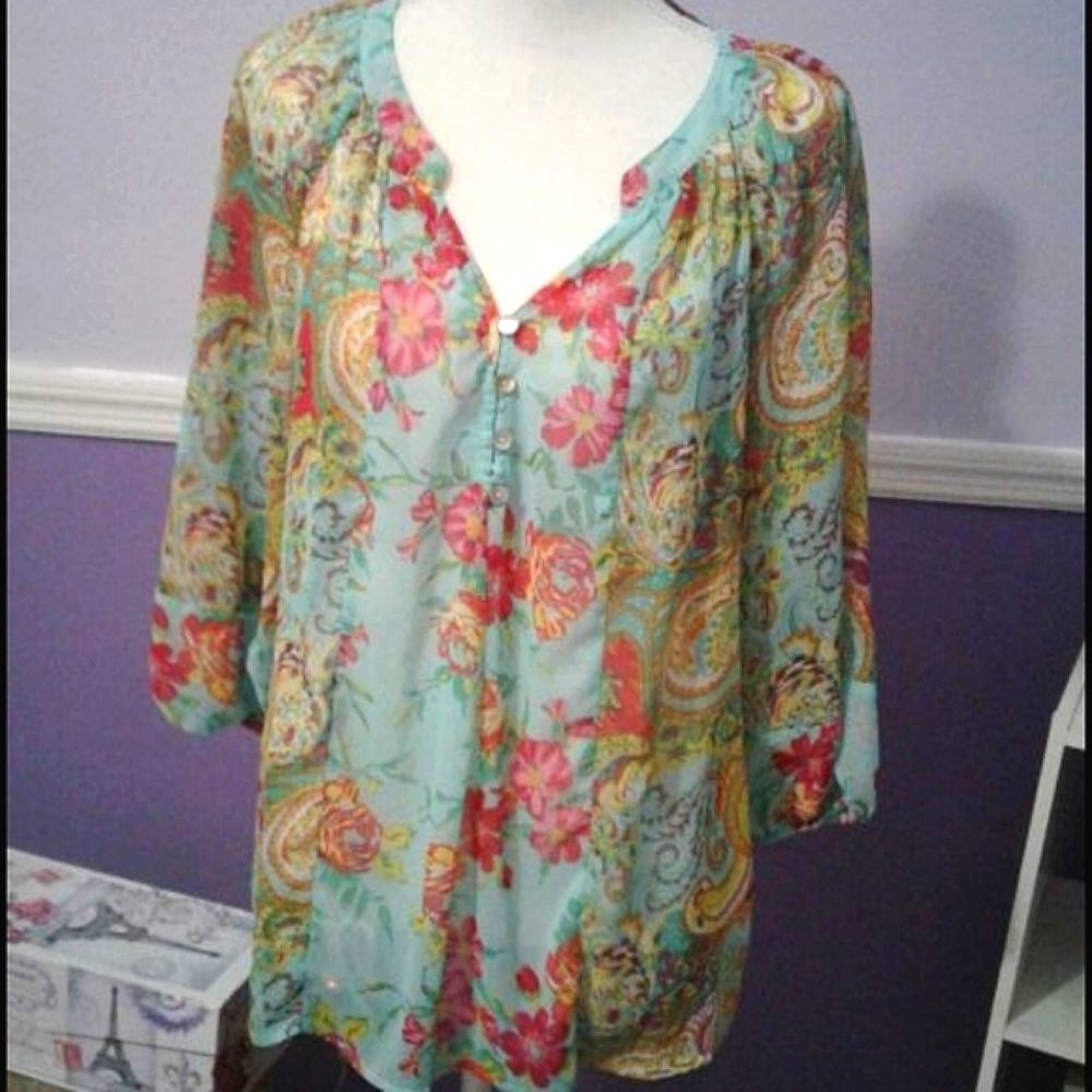 Anthropology Fig and Flower Aqua Mixed Floral Sheer Boho Top